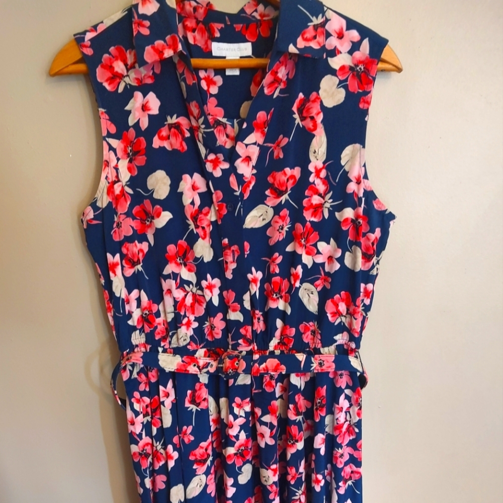 Charter Club Navy Floral-Print Sleeveless Fit & Flare Knee Length Dress